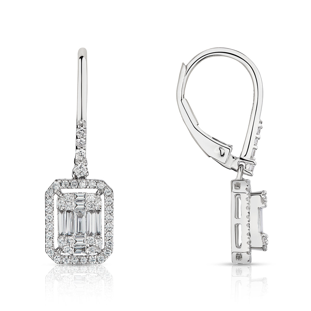 Mirage Emerald Cut Diamond Drop Earrings with Russian Clip in 18K White Gold