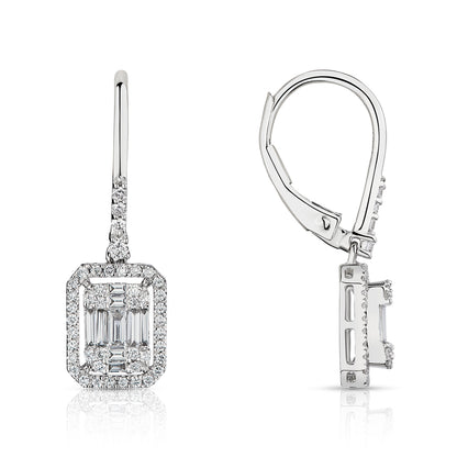 Mirage Emerald Cut Diamond Drop Earrings with Russian Clip in 18K White Gold