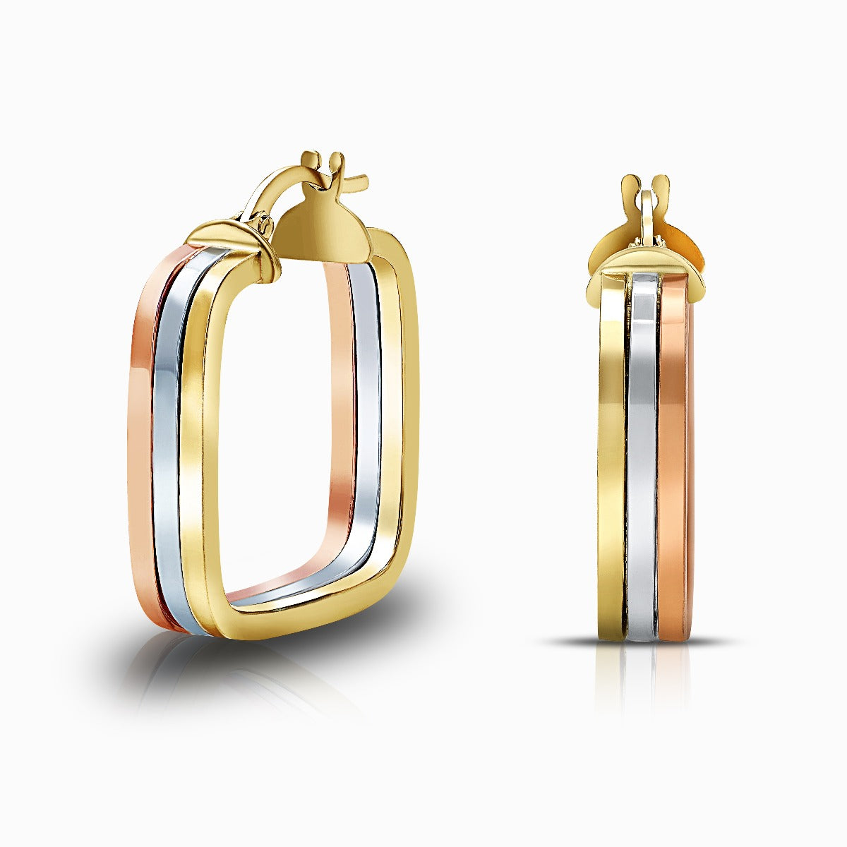 Tri-Color Triple Square 18K Gold Hoop Earrings