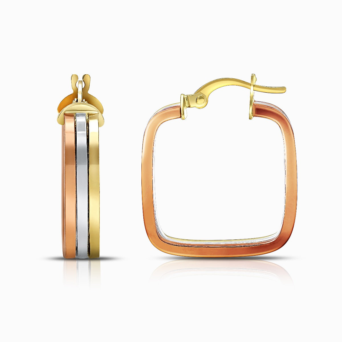 Tri-Color Triple Square 18K Gold Hoop Earrings