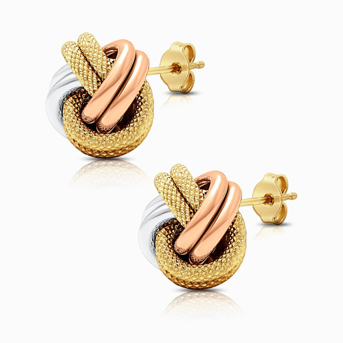Tri-Color Textured Knot 18K Gold Stud Earrings - Large