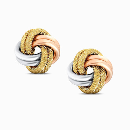 Tri-Color Textured Knot 18K Gold Stud Earrings - Large