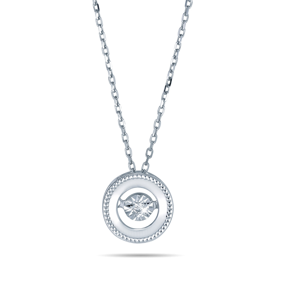 Delicate Round Pendant with dancing Diamond and chain in 18K White Gold
