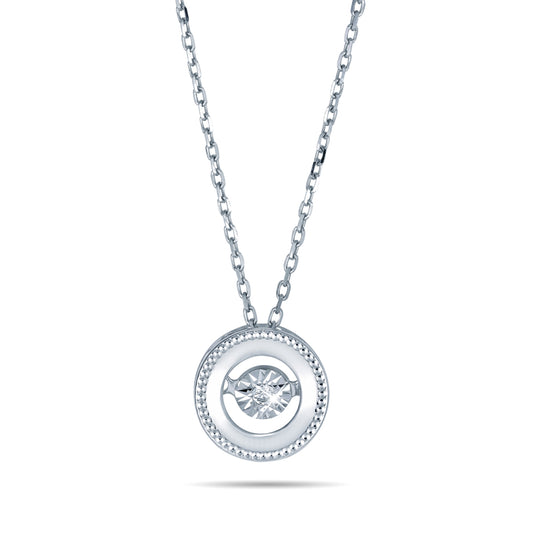 Delicate Round Pendant with dancing Diamond and chain in 18K White Gold