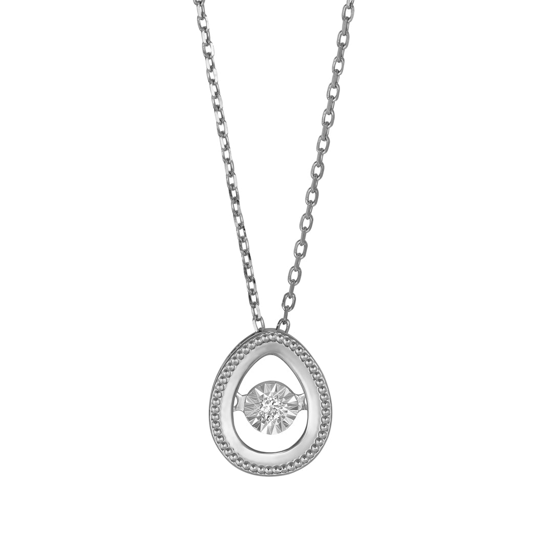 Delicate Oval Pendant with dancing Diamond and chain in 18K White Gold