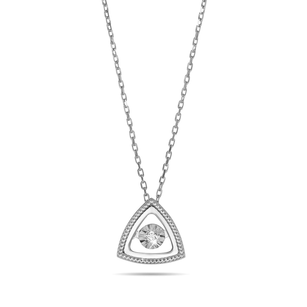Delicate Triangle Pendant with dancing Diamond and chain in 18K White Gold
