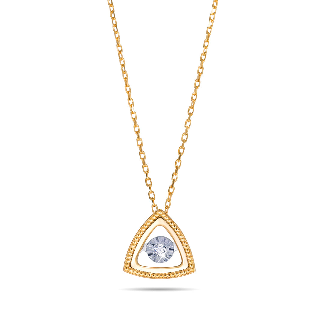 Delicate Triangle Pendant with dancing Diamond and chain in 18K Yellow Gold