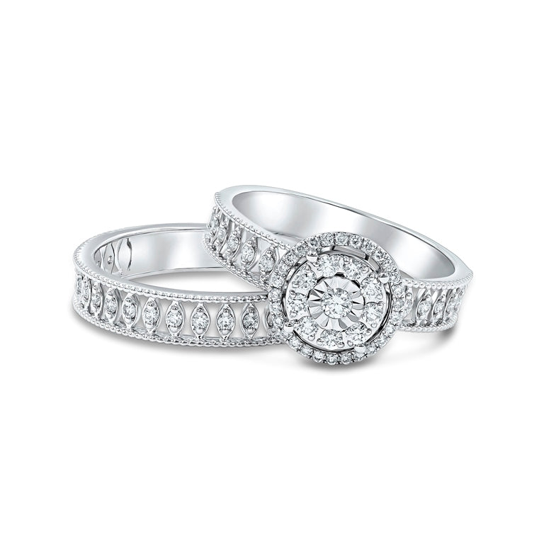Classic Round Halo Diamond Engagement & Wedding Rings - Love Bands