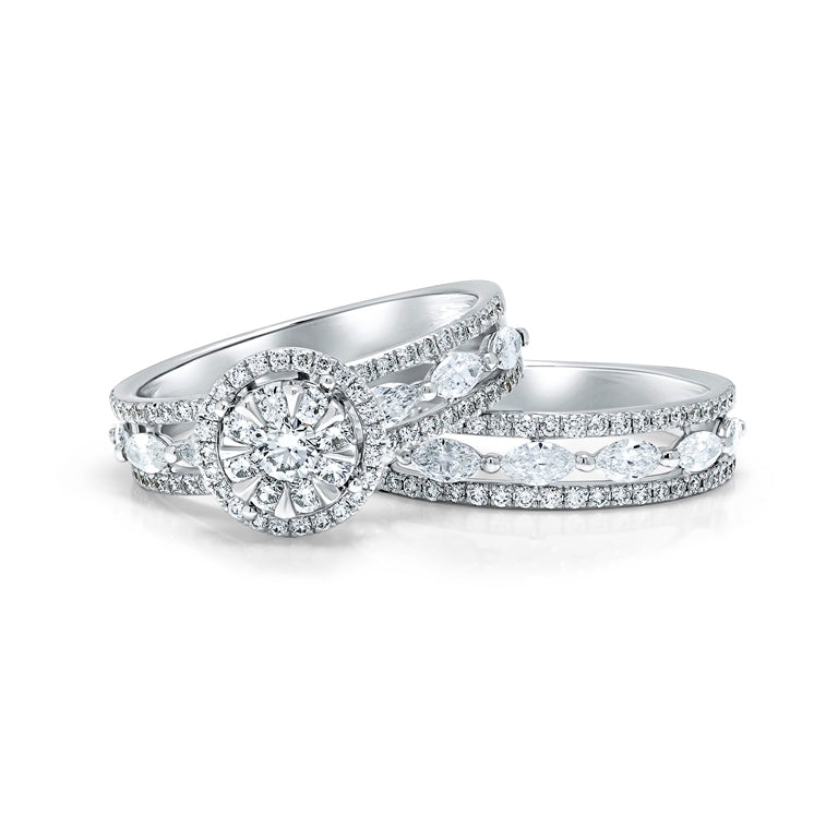 Pear & Round Diamond Halo Engagement & Wedding Rings in 18K White Gold - Love Bands