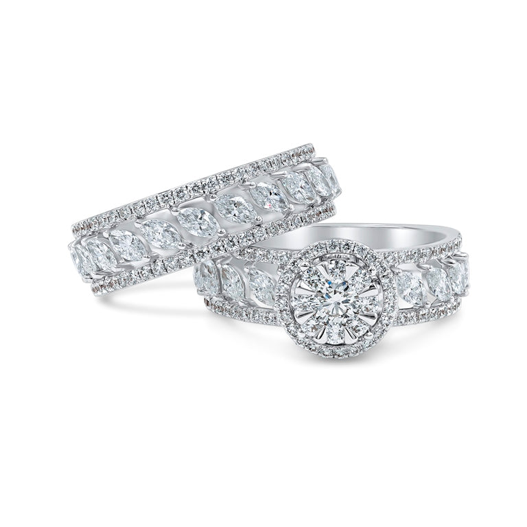 Pear & Round Diamond Halo Engagement & Wedding Rings in 18K White Gold - Love Bands