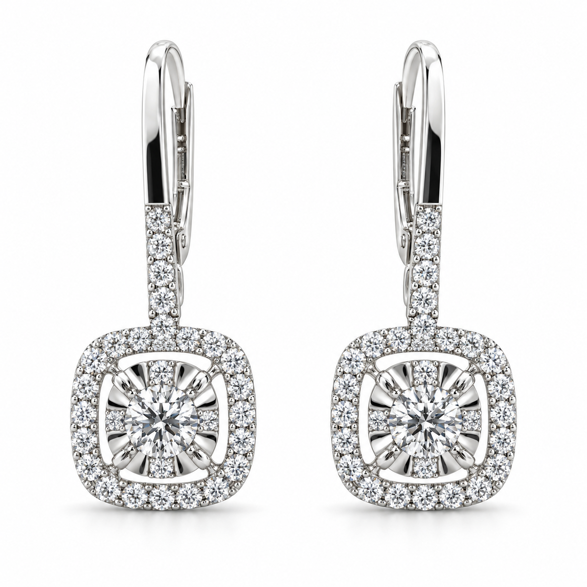 Lumière Cushion Diamond Drop Earrings 18K White Gold