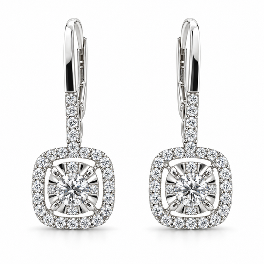 Lumière Cushion Diamond Drop Earrings 18K White Gold