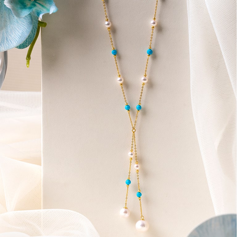 Sakura Y-Necklace with Pearl & Turquoise