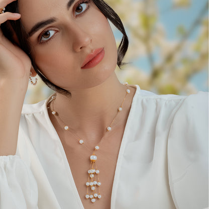 Sakura Elegant Pearl Cascade Kimono Necklace in 18K Yellow Gold