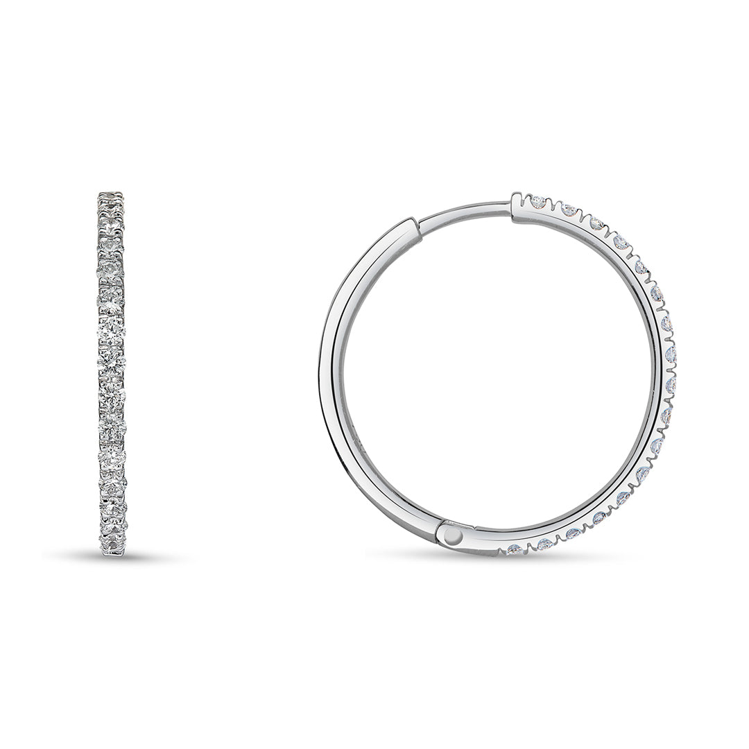 Earrings Hoops in 18K White Gold and Diamonds - simple thin Round