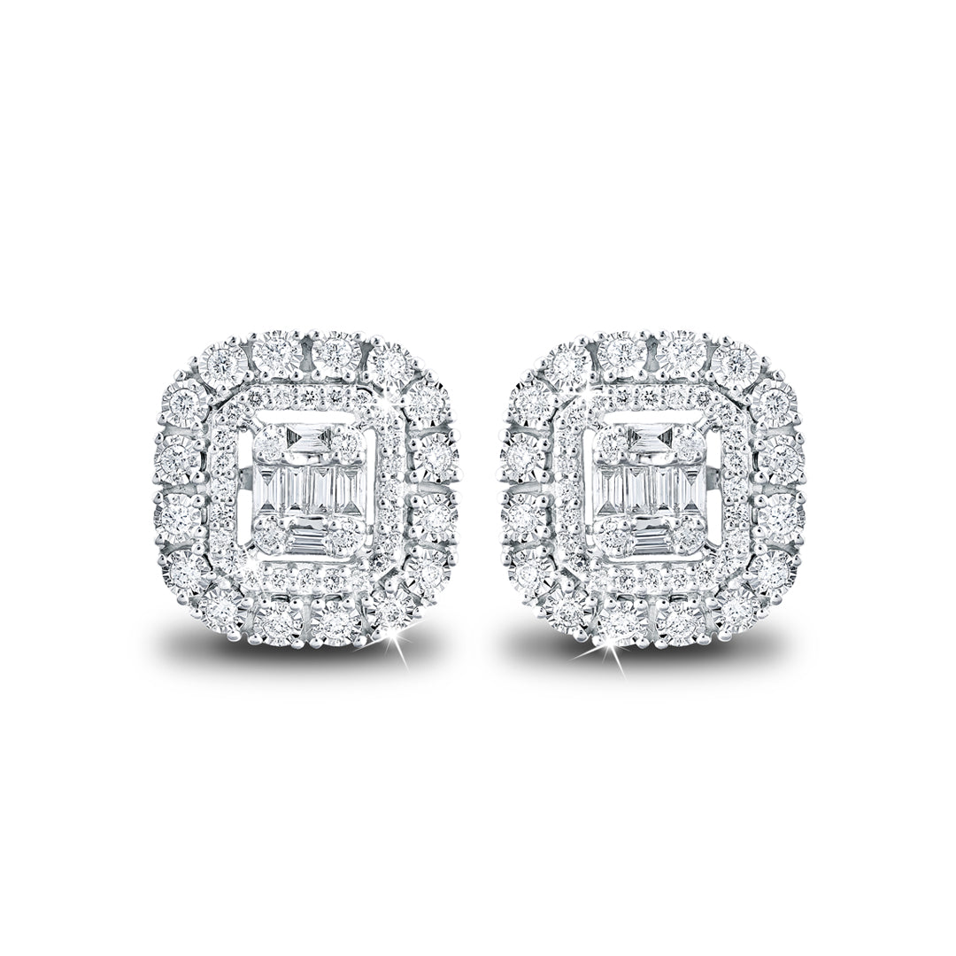 Mirage Emerald-cut Halo Diamond Earrings in 18K White Gold