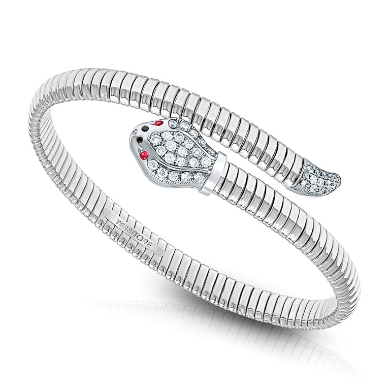 Tessitore Tubogas Serpent Bangle in 18K White Gold with Diamond & Ruby Eyes