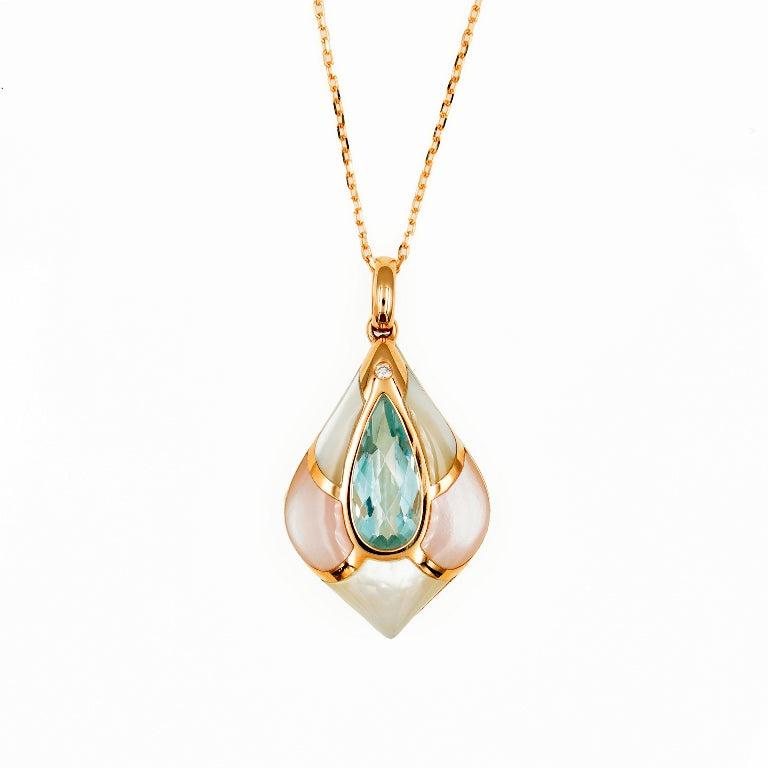 Sakura Pear Blue Topaz and Pearl Pendant Necklace