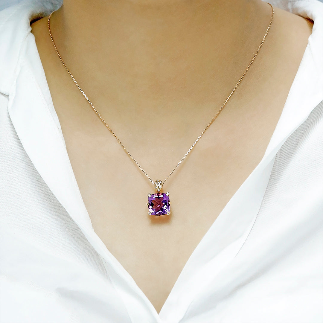 Precious Cushion Amethyst & Diamond Pendant