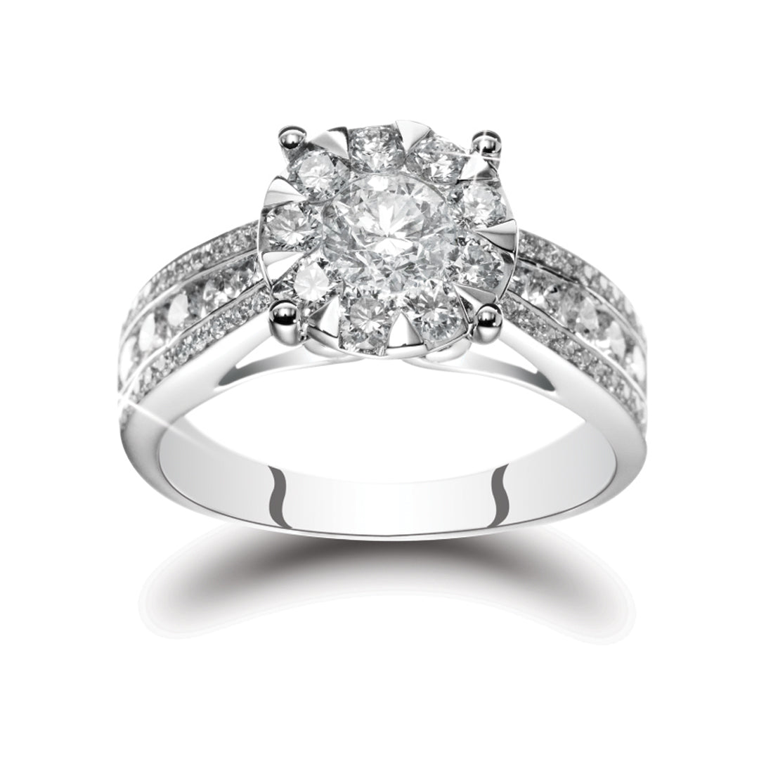 Engagement ring with diamond band in 18K white gold