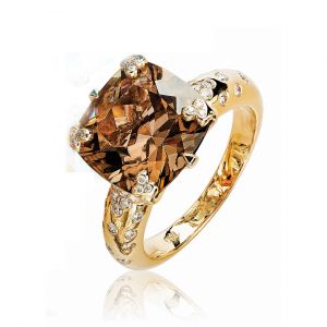 Smokey Quartz Ring in 18K Rose Gold and Diamond sprinkled band