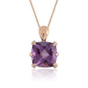 Cushion shaped Amethyst Pendant  in 18K Rose Gold and Diamonds